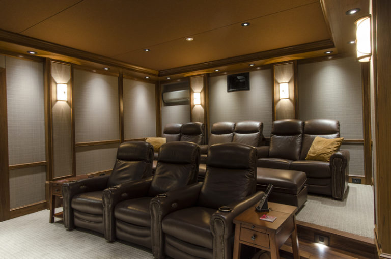 Luxury Home Theater Room with Brown Leather Seating