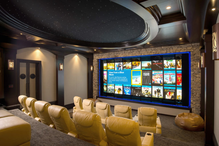 Rear view of a Luxury Home Theater with Yellow Leather Chairs