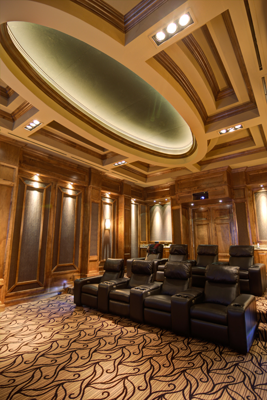 Luxury Home Theater with Ornate Ceiling