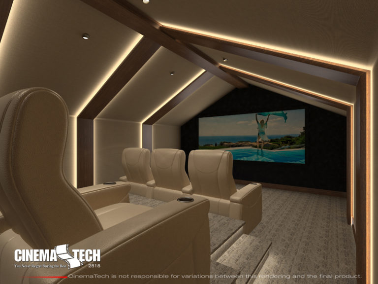 Rear view of a Modern Home Theater with Peak Ceiling