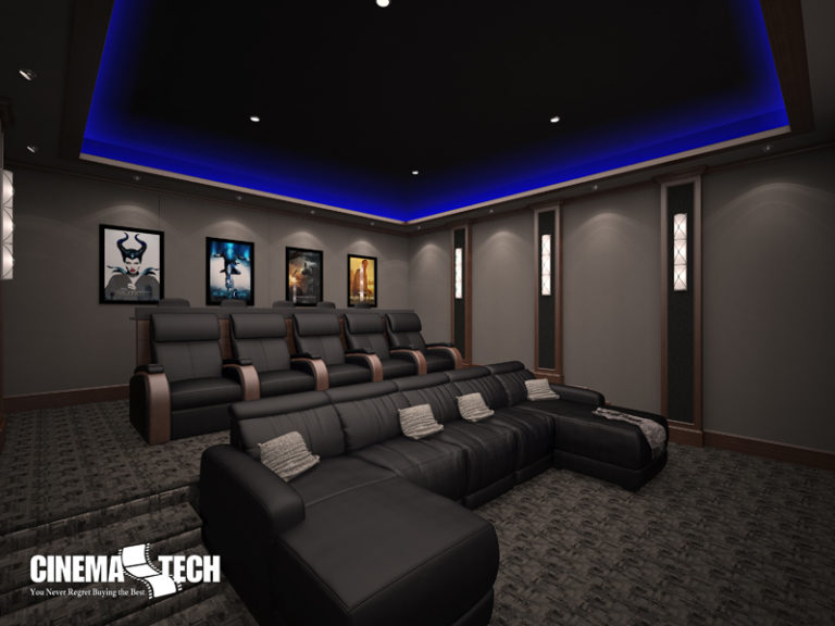Modern Home Theater with Blue Mood Lighting