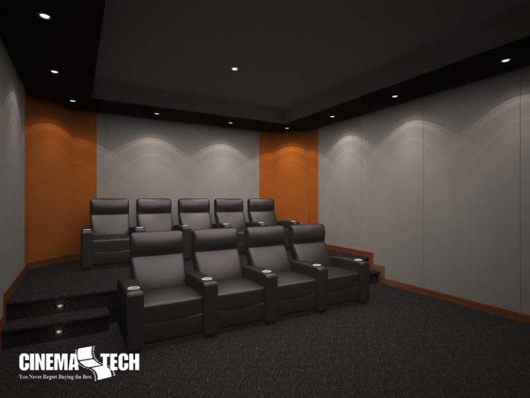 Luxury Home Theater with Orange Accent Wall