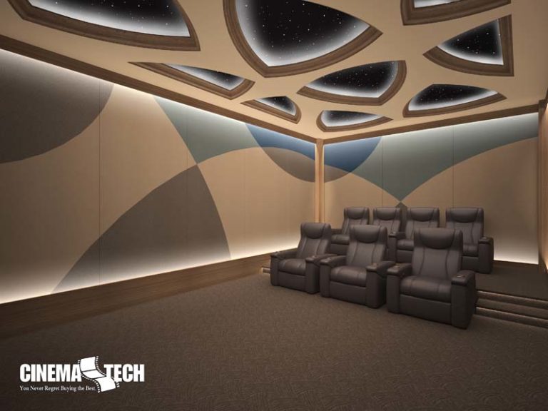 Modern Home Theater with Geometric Star Ceiling