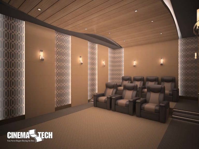 Small Home Theater with Wood Beam Ceiling