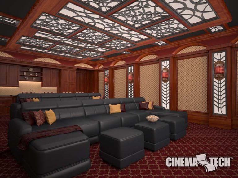 Traditional Home Theater with Unique Ceiling Lighting