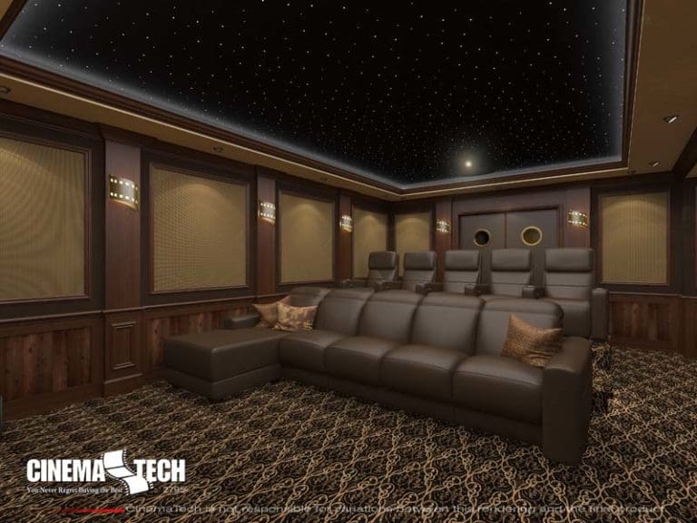 Home theater with brown leather recliners