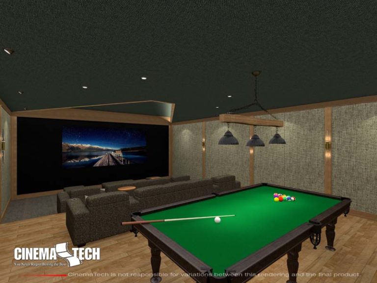 Screen view of a Luxury Media Room with Pool Table