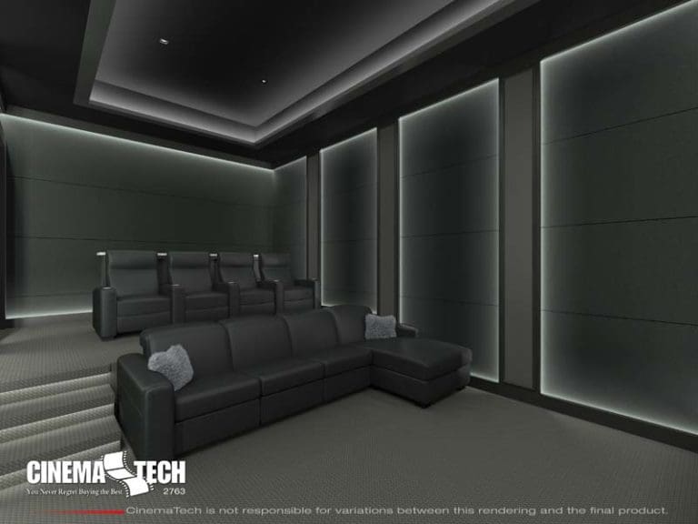 Modern Home Theater with Black Leather Recliners