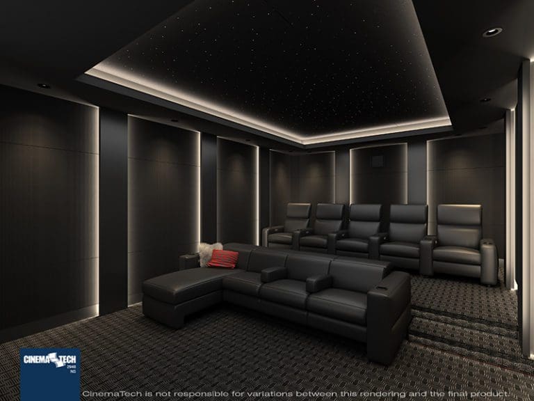 Home Theater with Modern Black Leather Recliners