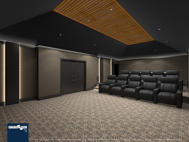 Industrial Home Theater with Wood Beam Ceiling
