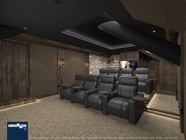 Rustic Home Theater with Black Leather Seating