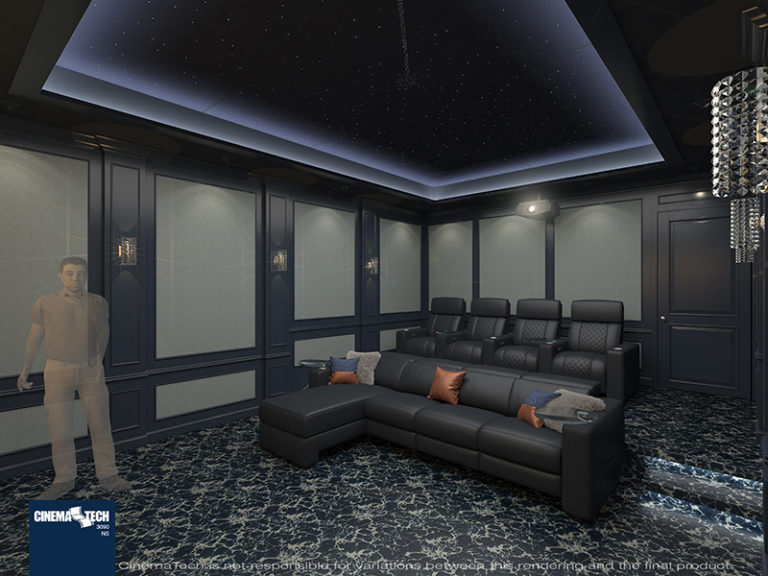 Traditional Home Theater with Black Leather Seating