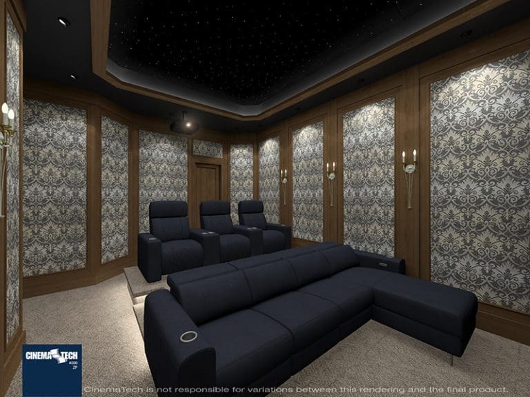 Traditional Media Room with Chintz Fabric Walls