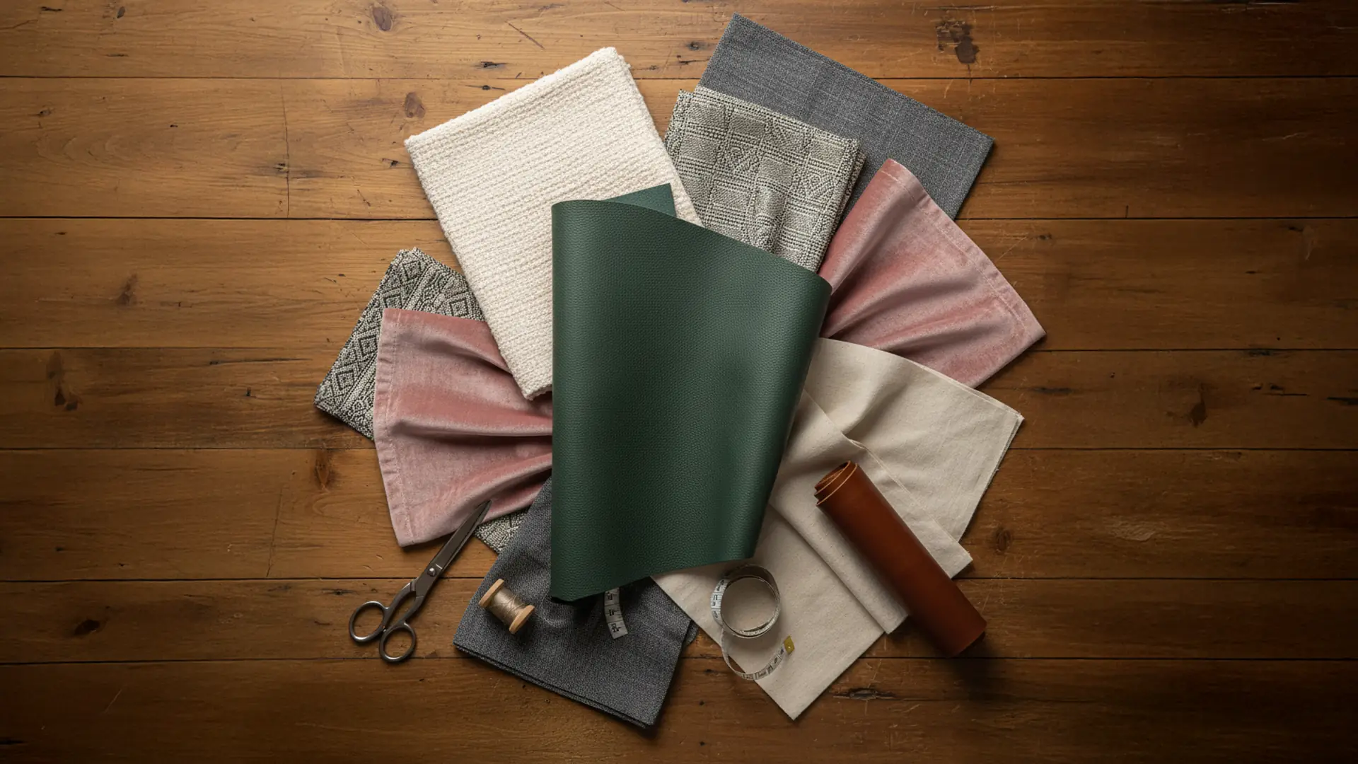 Designer fabric and leather swatches for CinemaTech custom home theater seating.