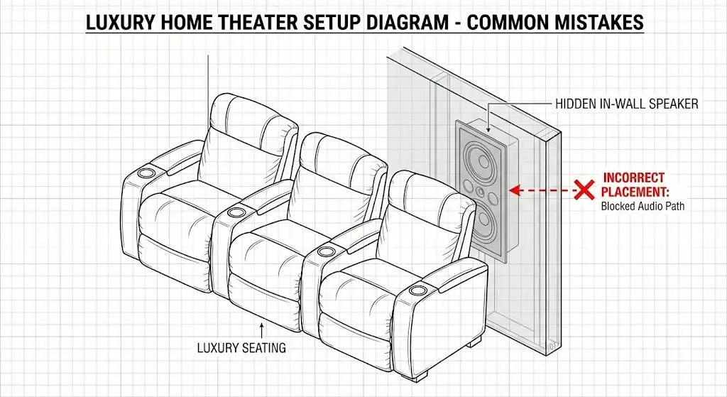 Isometric diagram showing a common home theater seating mistake where luxury recliners are pushed against the wall, blocking the hidden in-wall surround sound speakers.