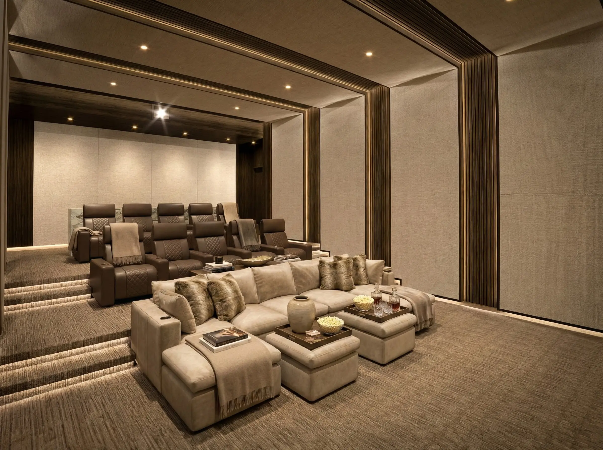 Luxury home theater room with mixed seating types, featuring a large sectional sofa in the front and elevated leather recliners in the back.