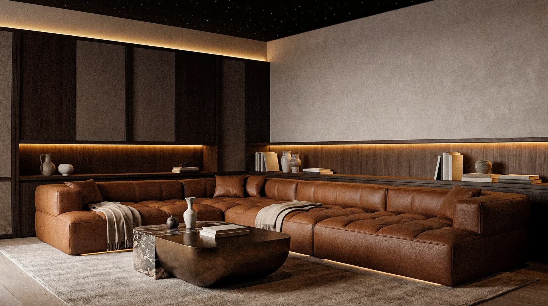 Greenwich Sofa Lounger | Luxury Media Room Seating | CinemaTech CinemaTech Greenwich sofa lounger in a luxury modern media room with warm wood paneling, leather upholstery, and a fiber optic star ceiling.