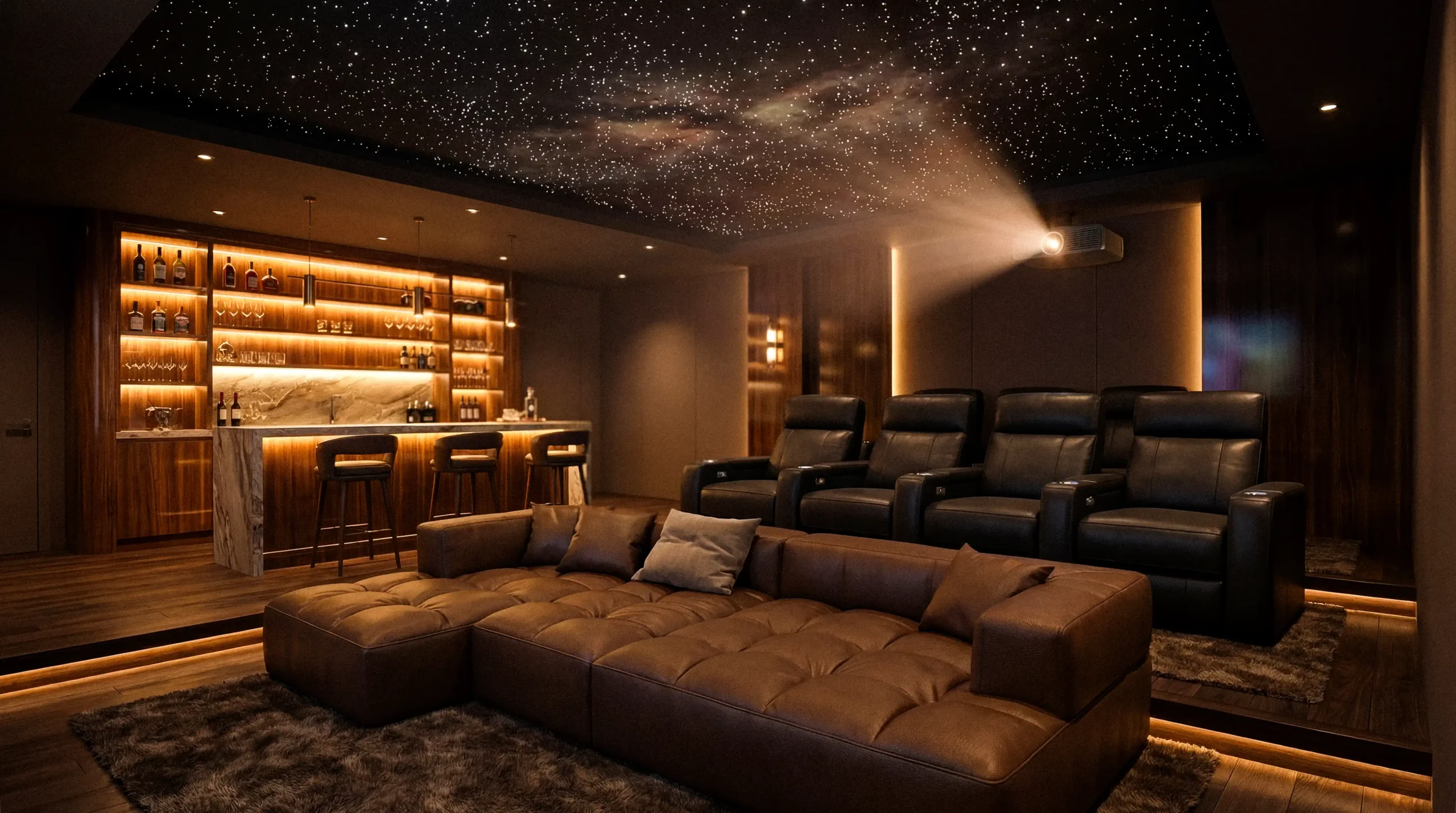 Greenwich Sofa in Luxury Home Theater CinemaTech Greenwich Sofa in a luxury home theater with leather recliners, illuminated bar, and fiber optic star ceiling