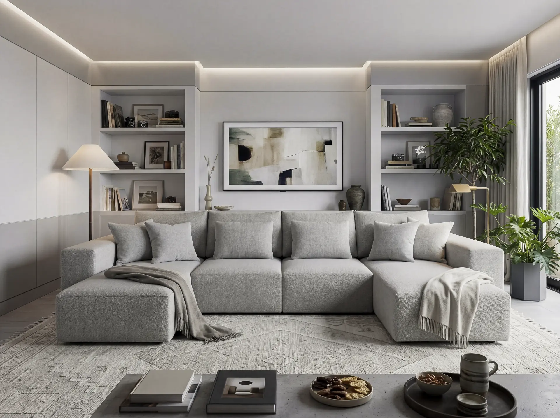 CinemaTech Montclair sofa in a bright contemporary living room with light upholstery, built-in shelving, and neutral styling