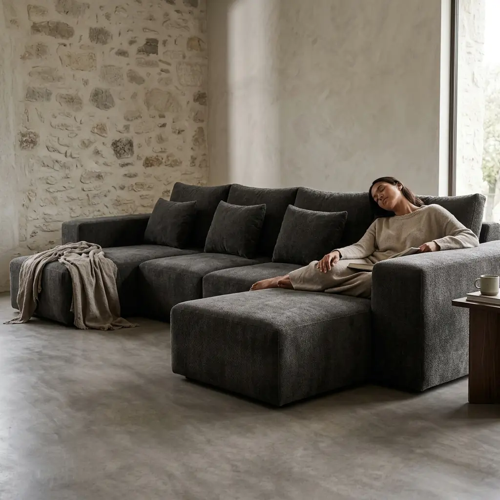 Woman reclining on the CinemaTech Montclair sofa in a bright modern living room with dark upholstery, chaise layout, and soft natural light