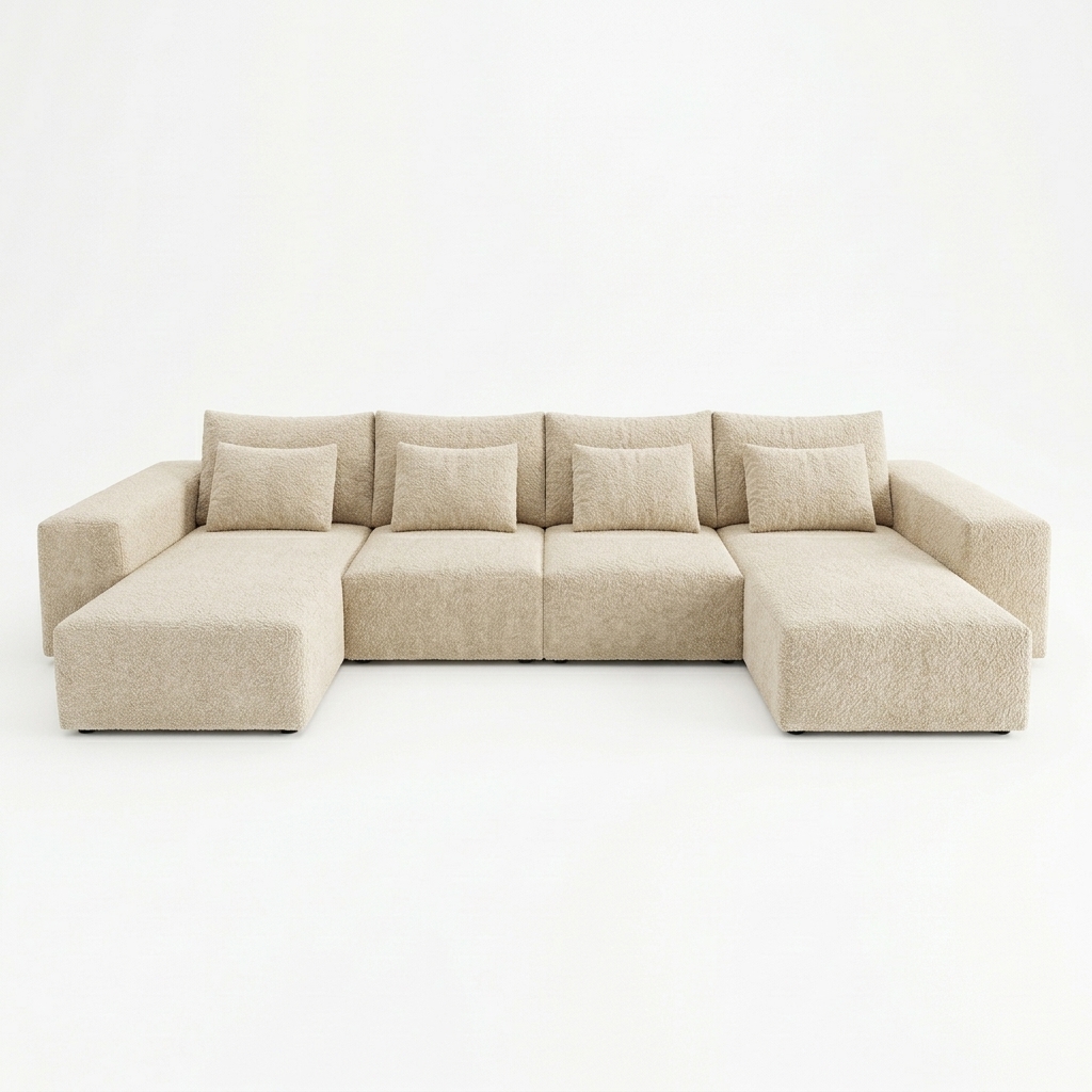 Front view of the CinemaTech Montclair modular sofa in a cream boucle-style upholstery with chaise ends and accent pillows