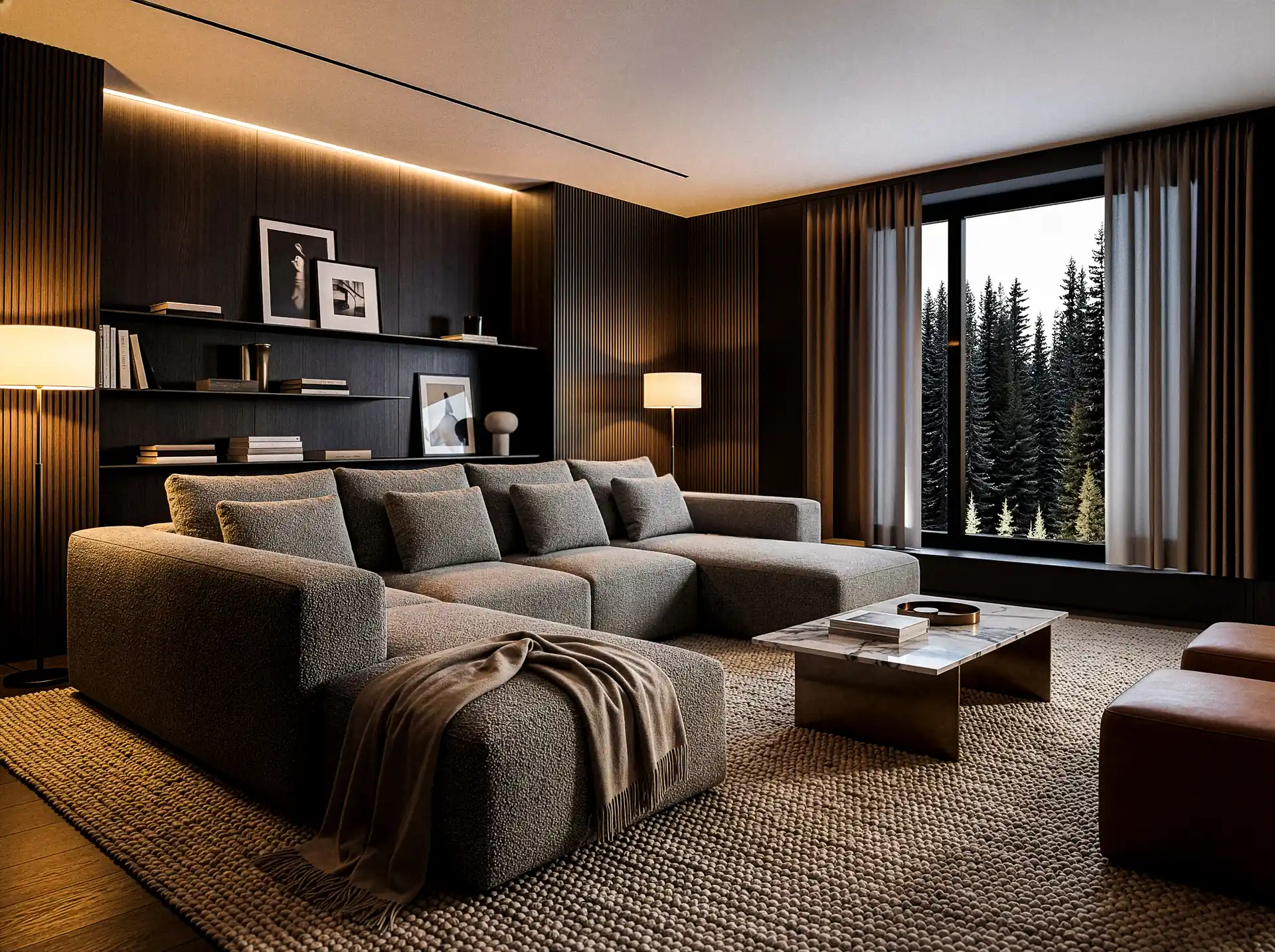 CinemaTech Montclair sofa in a modern media room with a large screen, dark wood paneling, and warm ambient lighting