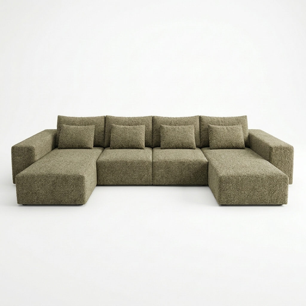 Front view of the CinemaTech Montclair modular sofa in olive green textured upholstery with chaise ends and accent pillows