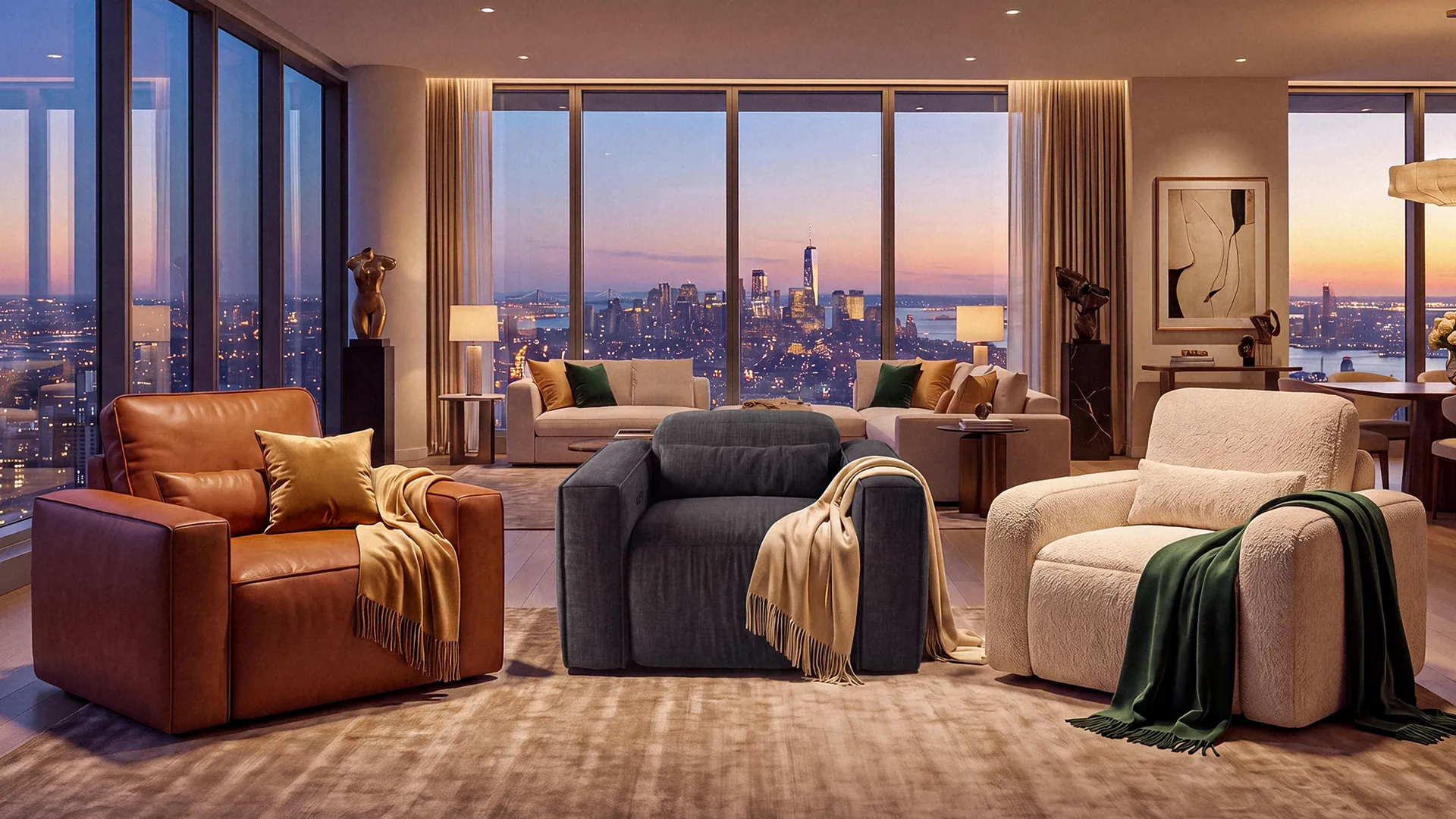 CinemaTech Living Seating in Modern High-Rise Interior Arezzo, Lugano and Stellina luxury seats by CinemaTech Living in a modern high-rise living room