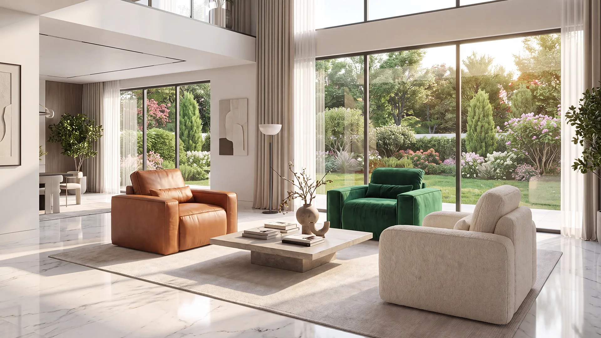 CinemaTech Living Luxury Seating in Modern Home CinemaTech Living luxury seating in a bright modern living room overlooking a landscaped garden
