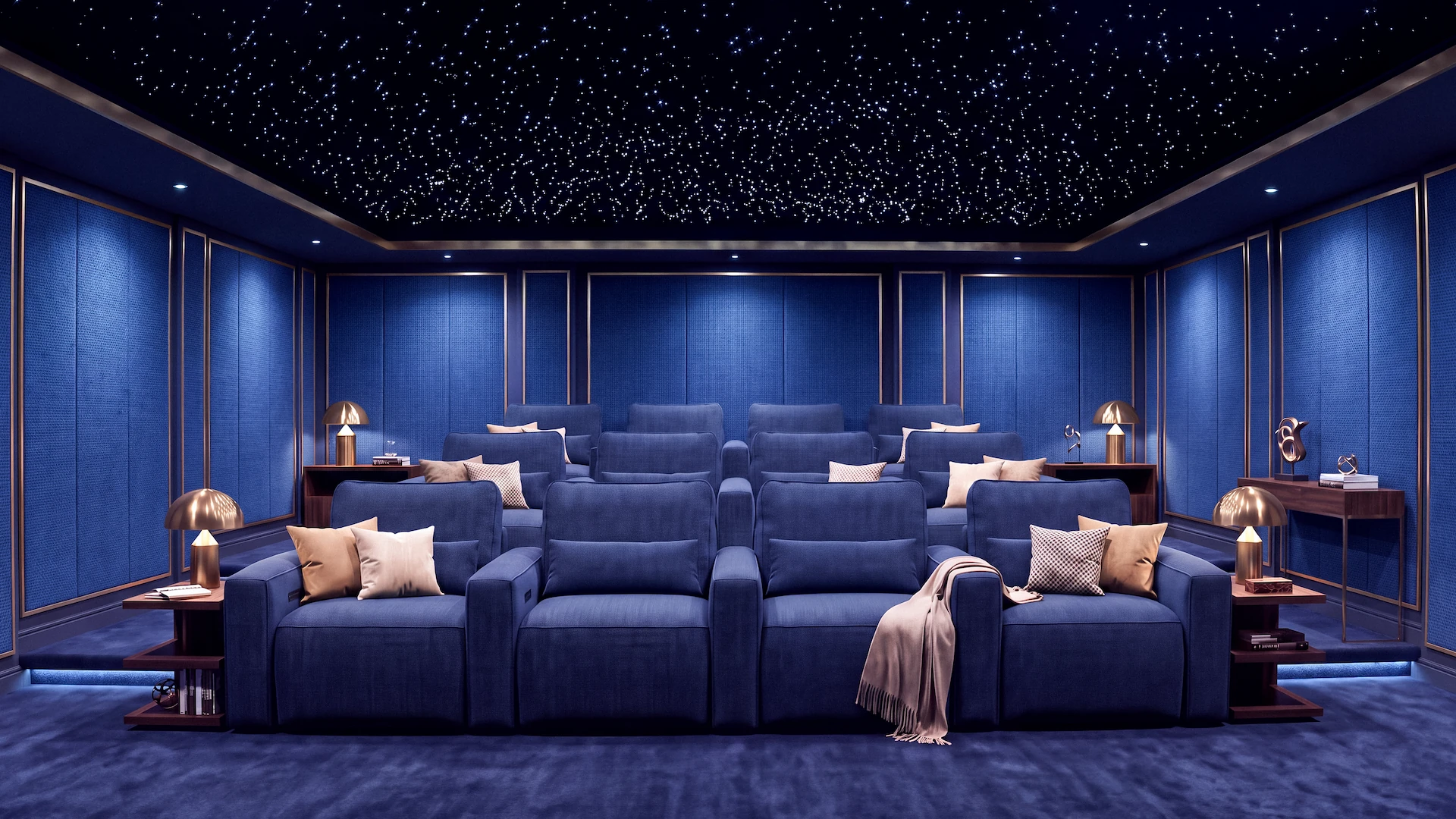 Arezzo Luxury Home Theater Seating in Navy Rows of navy CinemaTech Arezzo luxury home theater seating beneath a fiber-optic star ceiling