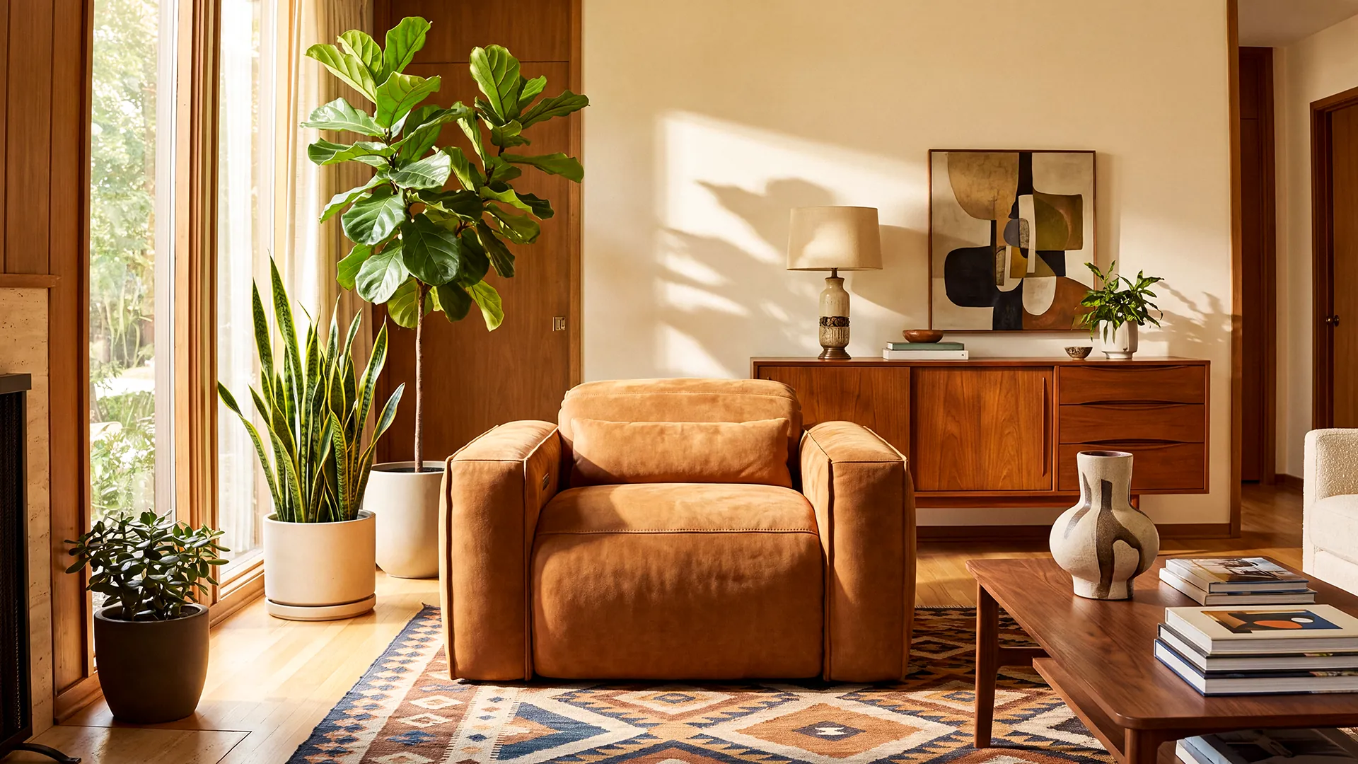 Lugano - Lifestyle Image - 1 Seat - Brown Leather Incliner in Mid Century Modern Living Space
