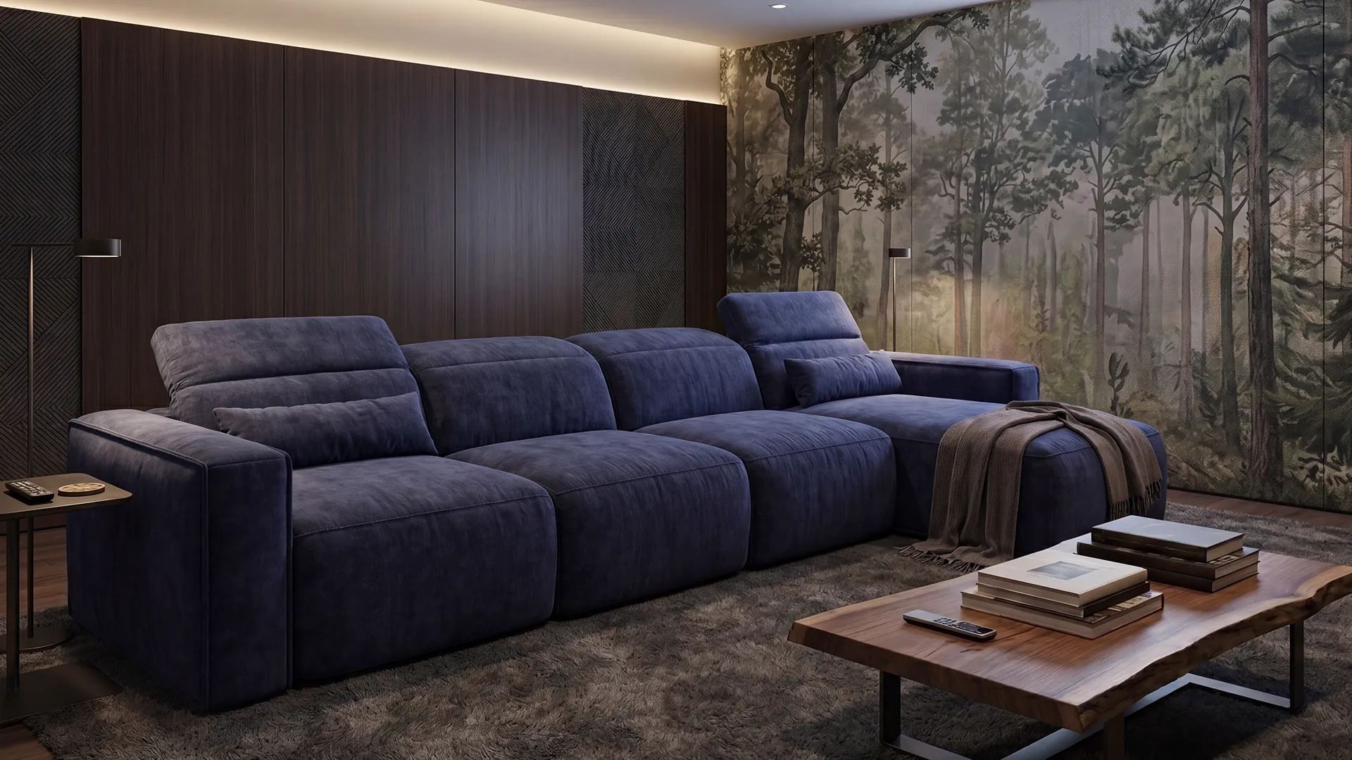 Lugano - Lifestyle Image - 4 Seats with Chaise - Blue Lugano in Meida Room with Printed Fabric Accent Wall