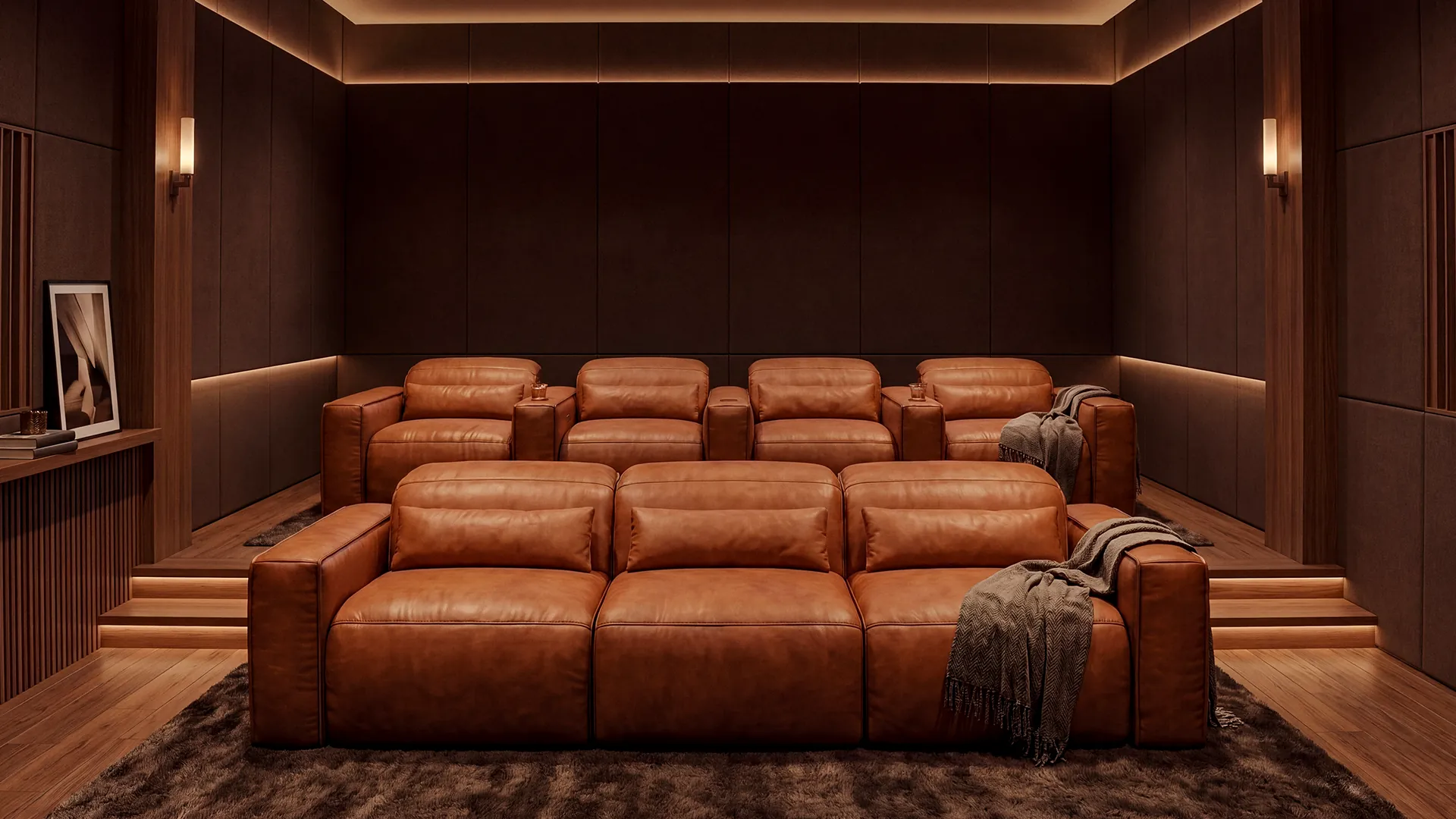 Lugano - Lifestyle Image - 7 Seats - Brown Leather Sofa with Incliner in Modern Home Theater