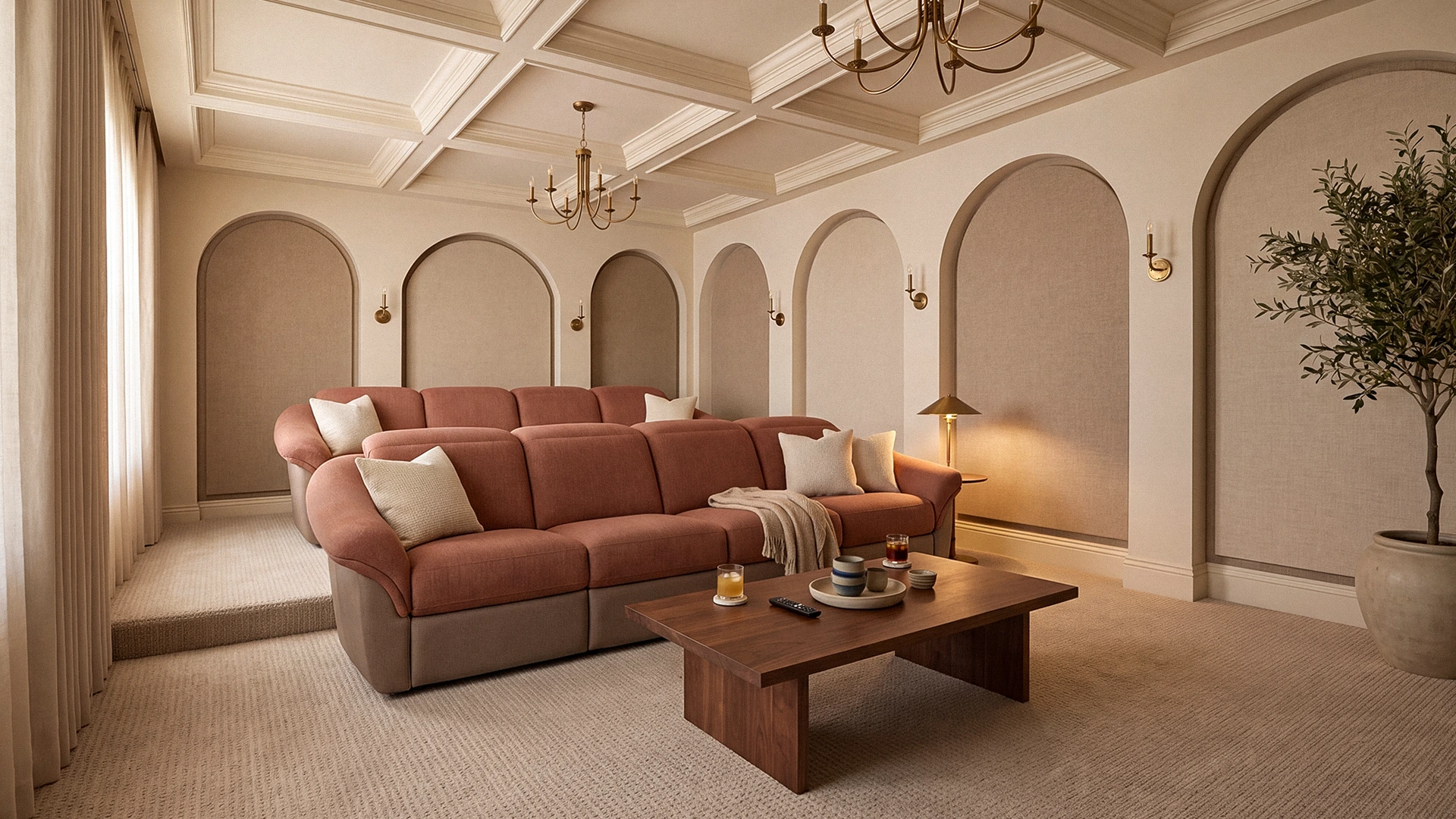 Montecito Terracotta Sofas in a Palazzo Inspired Home Theater Two terracotta Montecito sofas in a cream home theater with arched walls and a coffered ceiling