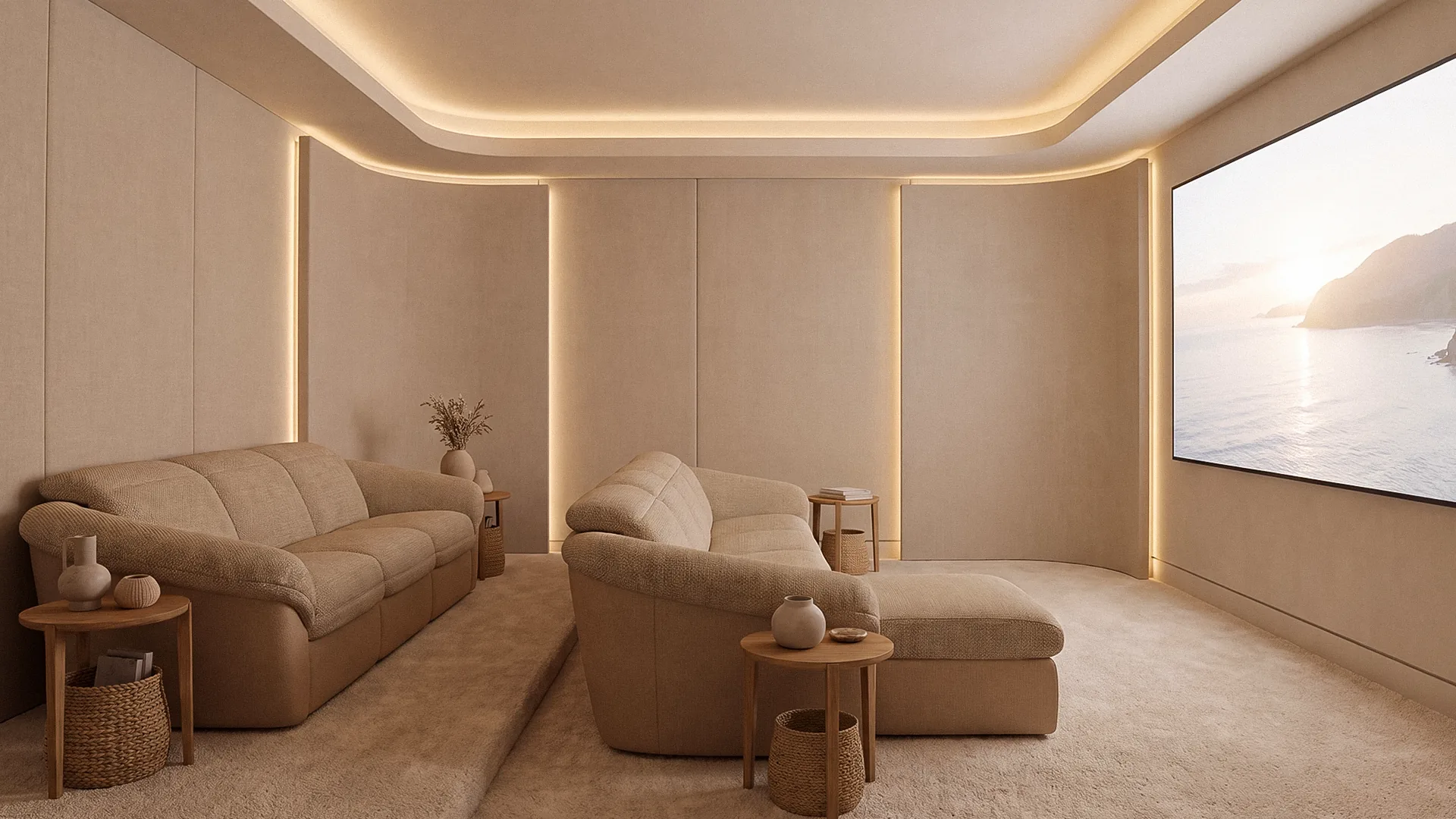 Montecito Beige Home Theater Sofa and Chaise Beige Montecito home theater sofa and chaise in a bright media room facing a screen