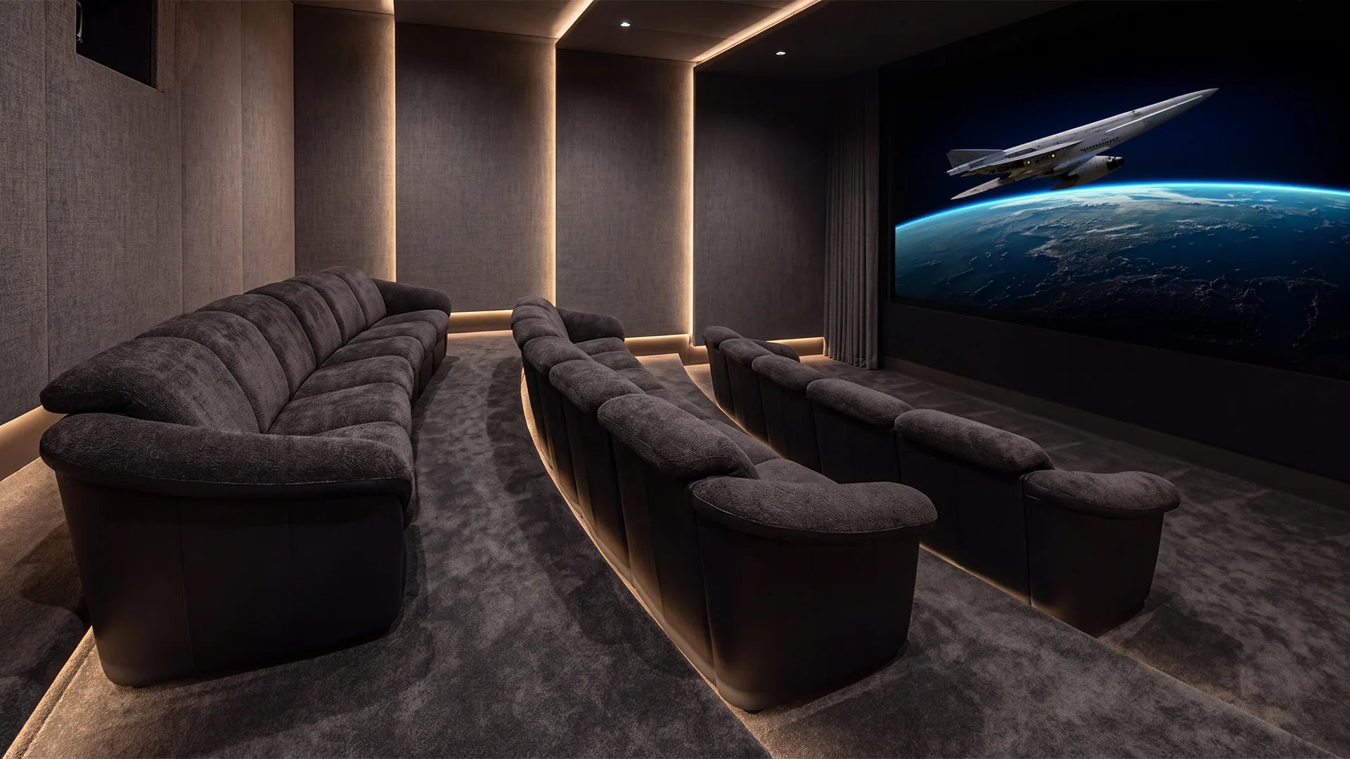 Montecito Charcoal Home Theater Seating in Multiple Rows Charcoal Montecito home theater sofas in multiple rows facing a cinema screen