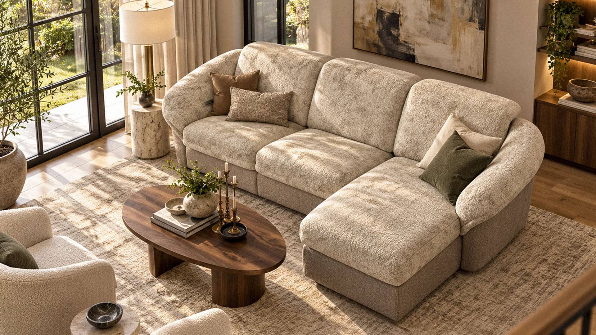 Montecito Cream Sectional Sofa with Chaise in a Living Room Cream Montecito sectional sofa with a chaise in a sunlit living room