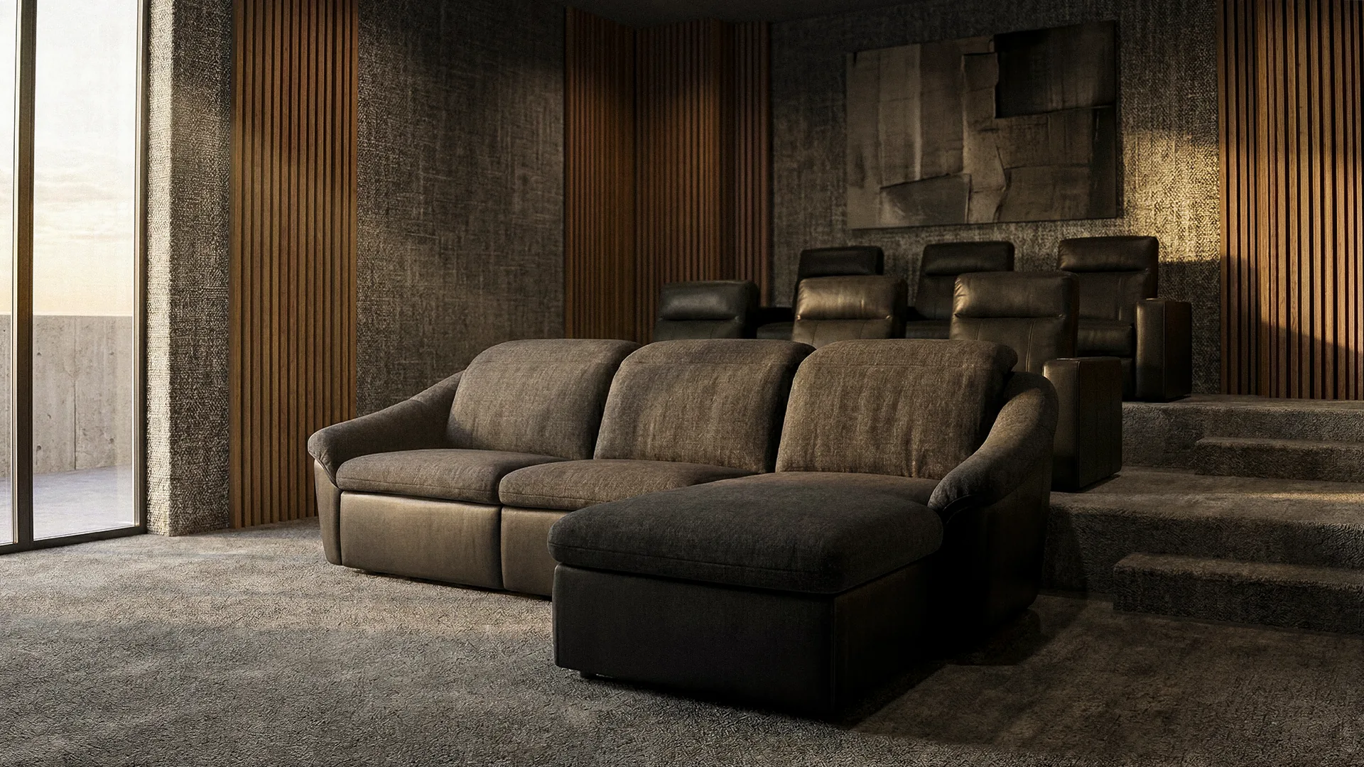 Montecito Gray Home Theater Sectional with Chaise Gray Montecito home theater sectional with a chaise in a modern tiered cinema